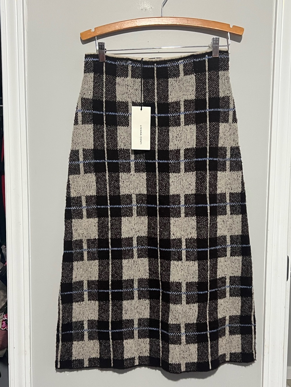 $310 Liviana Conti Wool Skirt 42 Brown Blue Plaid Midi Preppy Academia Pull On